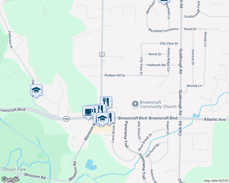 map of restaurants, bars, coffee shops, grocery stores, and more near 1738 Creek Street in Rochester