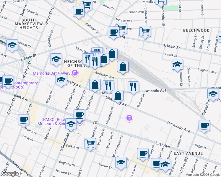 map of restaurants, bars, coffee shops, grocery stores, and more near 21 Delaware Street in Rochester