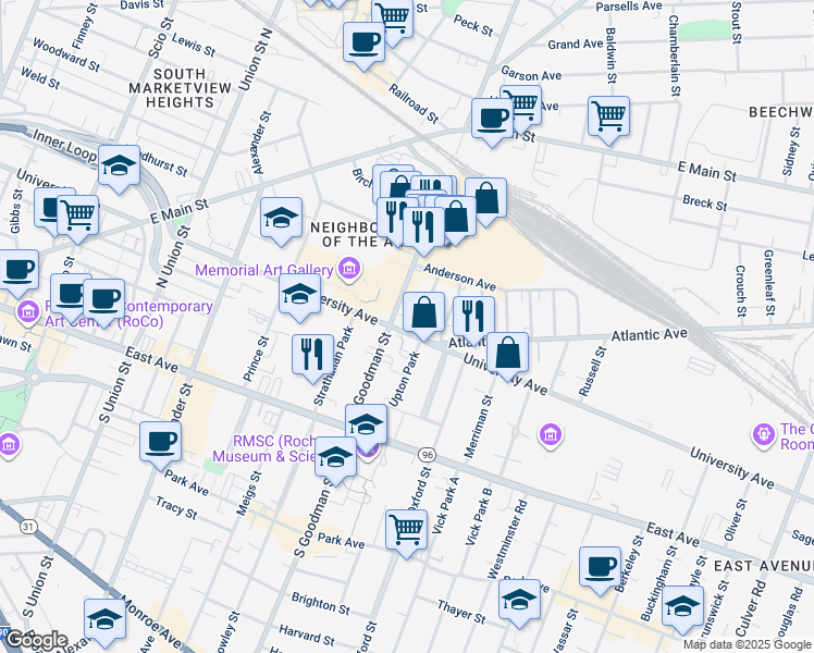 map of restaurants, bars, coffee shops, grocery stores, and more near 160 North Goodman Street in Rochester