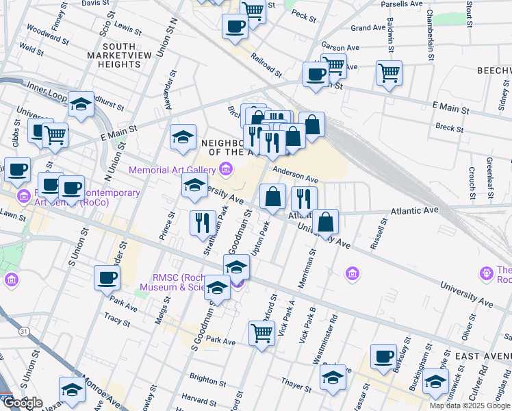 map of restaurants, bars, coffee shops, grocery stores, and more near 160 North Goodman Street in Rochester