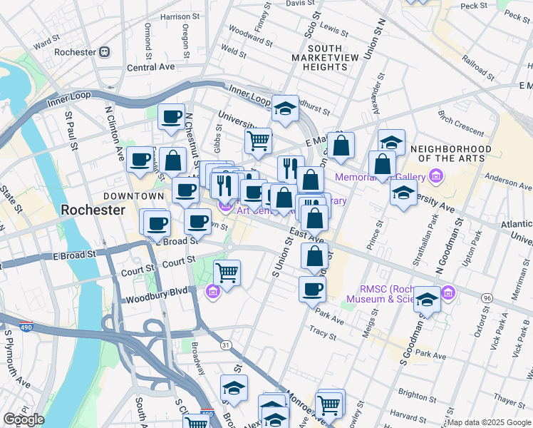 map of restaurants, bars, coffee shops, grocery stores, and more near 10-14 Winthrop Street in Rochester