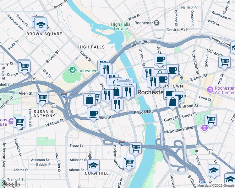 map of restaurants, bars, coffee shops, grocery stores, and more near 16 West Main Street in Rochester