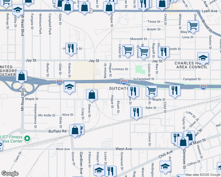 map of restaurants, bars, coffee shops, grocery stores, and more near 15 Mildred Street in Rochester