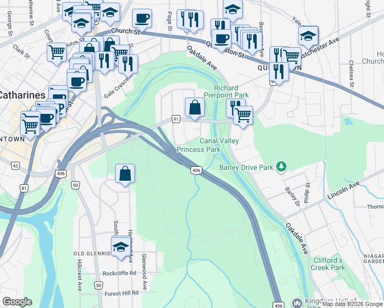 map of restaurants, bars, coffee shops, grocery stores, and more near 4 Melbourne Avenue in St. Catharines