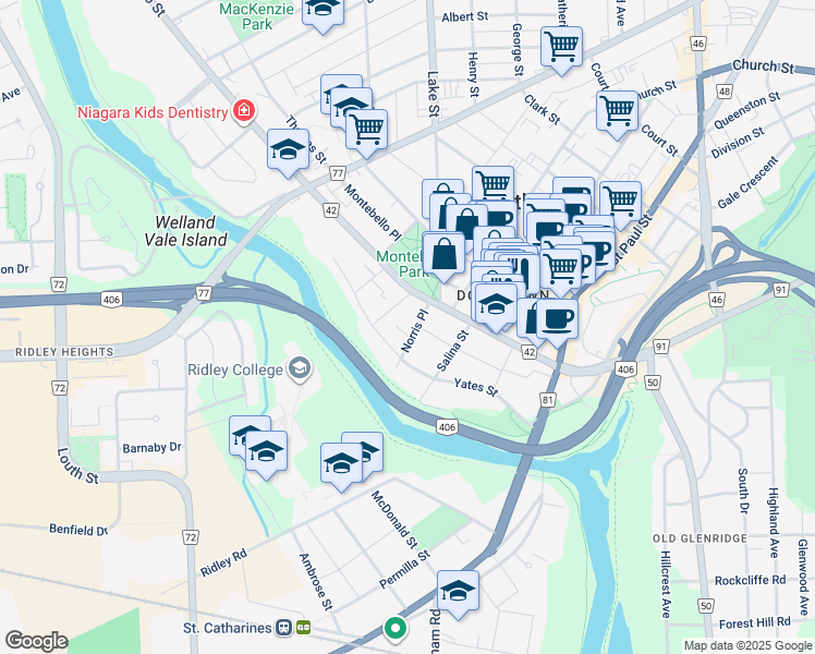 map of restaurants, bars, coffee shops, grocery stores, and more near 7 Norris Place in St. Catharines