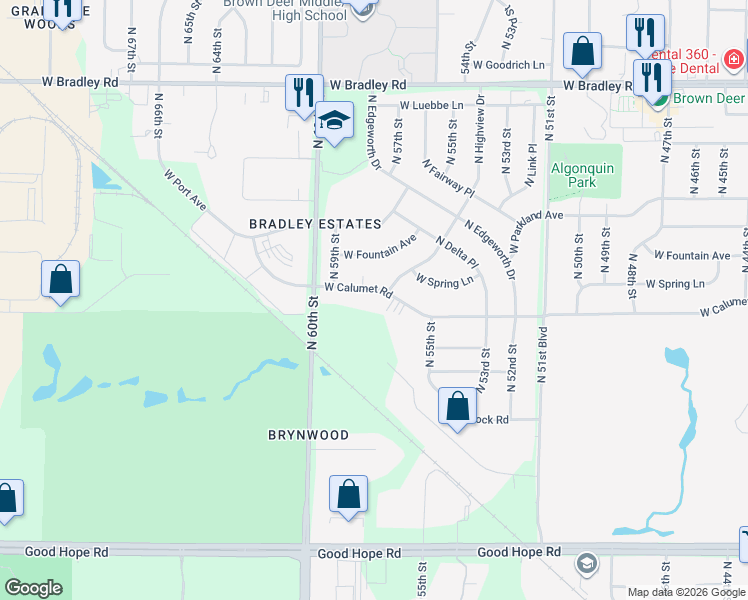 map of restaurants, bars, coffee shops, grocery stores, and more near 5713 West Calumet Road in Milwaukee