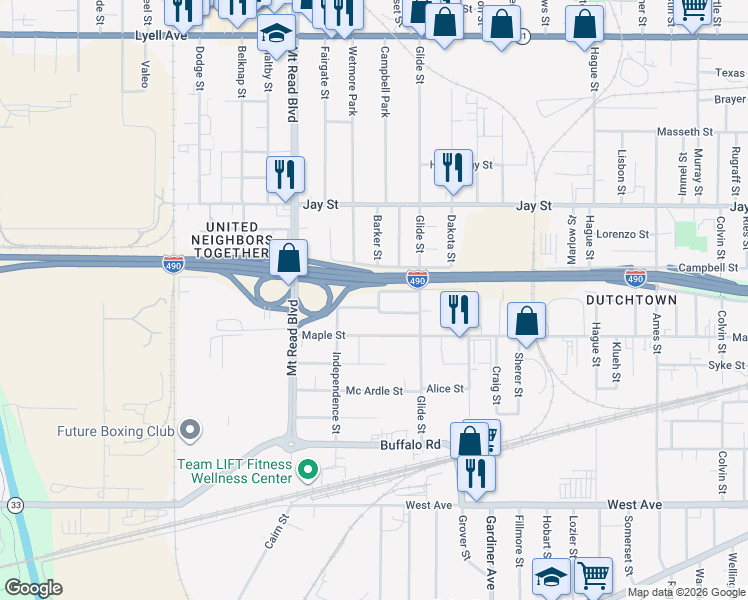 map of restaurants, bars, coffee shops, grocery stores, and more near 12 Bradfield Street in Rochester