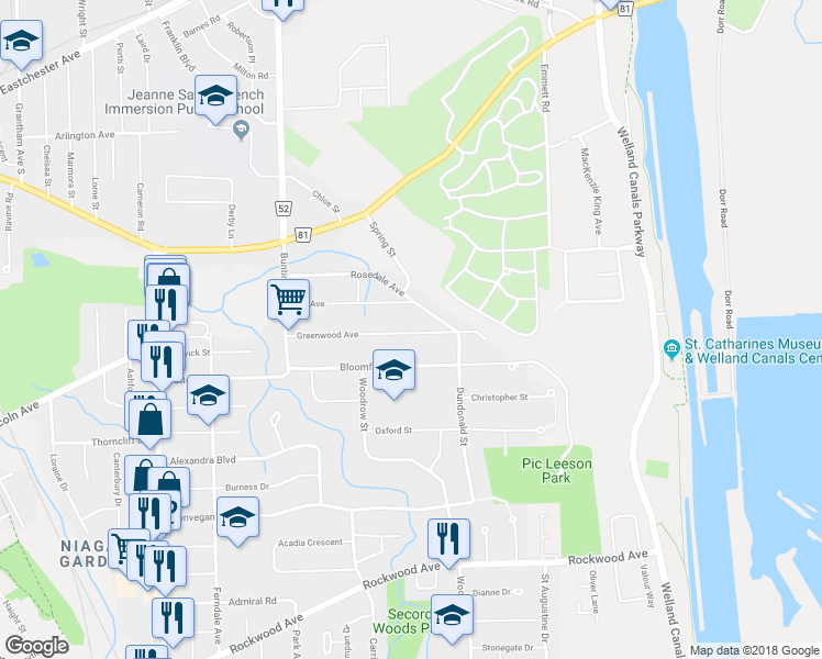 map of restaurants, bars, coffee shops, grocery stores, and more near 61 Greenwood Avenue in St. Catharines