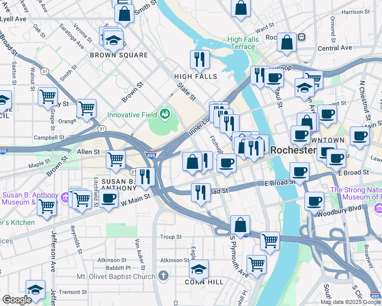 map of restaurants, bars, coffee shops, grocery stores, and more near 159 Scott Alley in Rochester