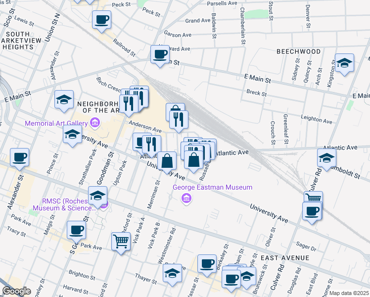 map of restaurants, bars, coffee shops, grocery stores, and more near 1 Norwood Street in Rochester
