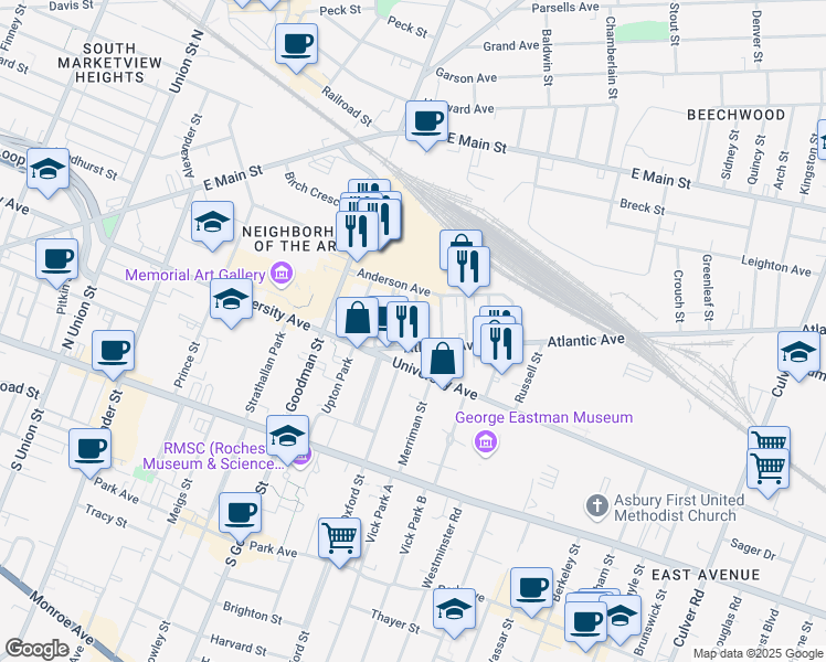 map of restaurants, bars, coffee shops, grocery stores, and more near 15 Delaware Street in Rochester