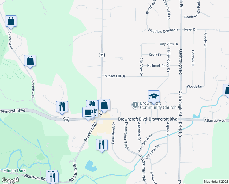 map of restaurants, bars, coffee shops, grocery stores, and more near 1738 Creek Street in Rochester