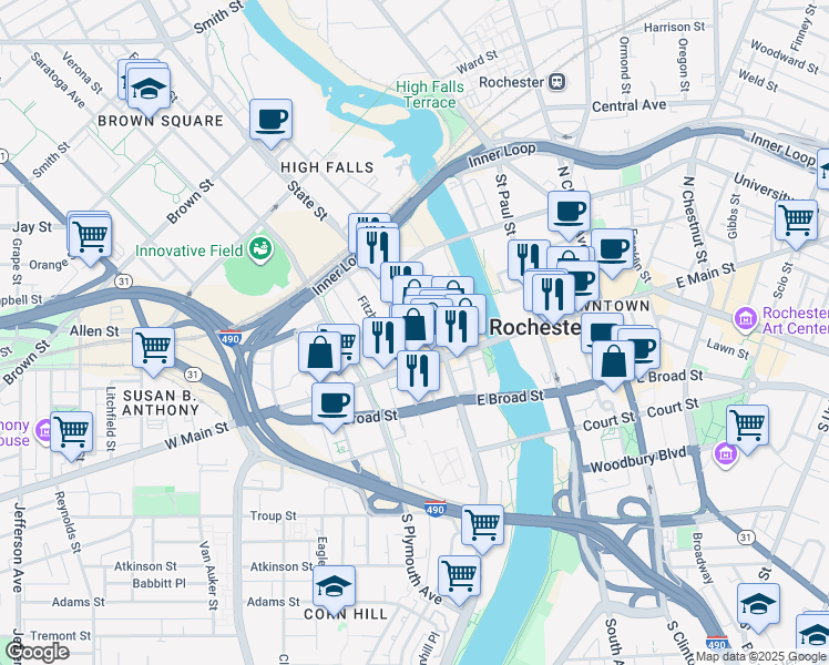 map of restaurants, bars, coffee shops, grocery stores, and more near in Rochester