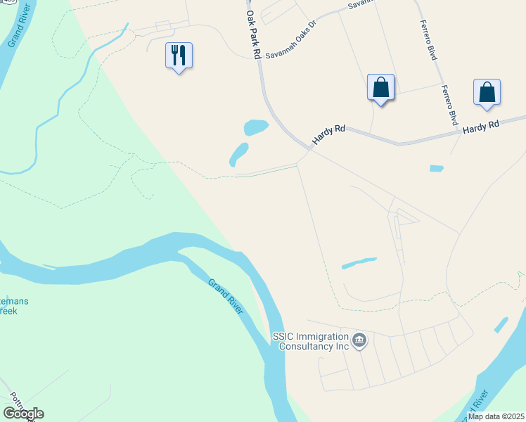 map of restaurants, bars, coffee shops, grocery stores, and more near 185 Oak Park Road in Brantford