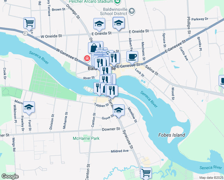 map of restaurants, bars, coffee shops, grocery stores, and more near 3 Syracuse Street in Baldwinsville