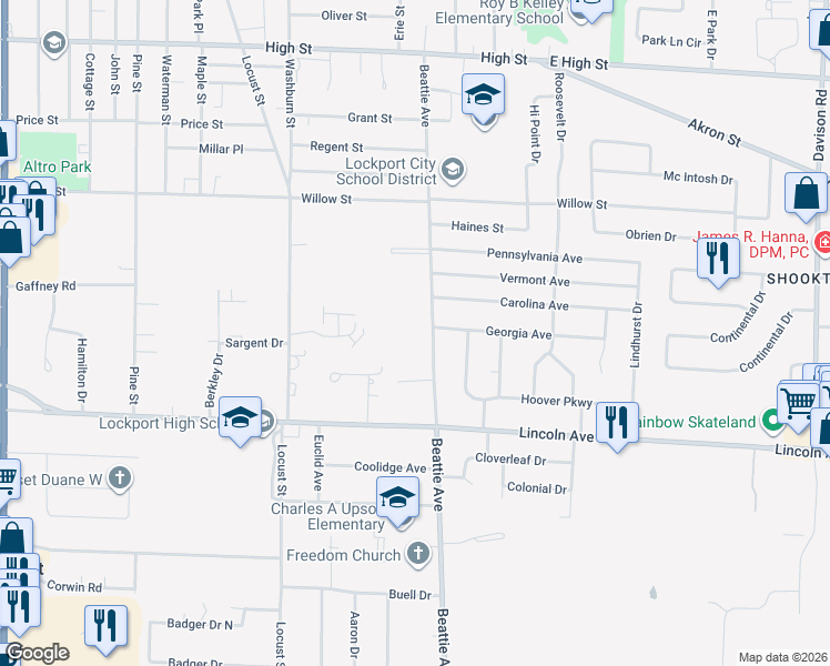 map of restaurants, bars, coffee shops, grocery stores, and more near 263 Beattie Avenue in Lockport