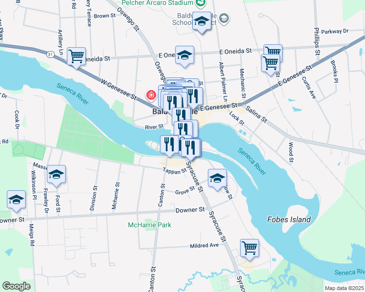 map of restaurants, bars, coffee shops, grocery stores, and more near 3 Syracuse Street in Baldwinsville