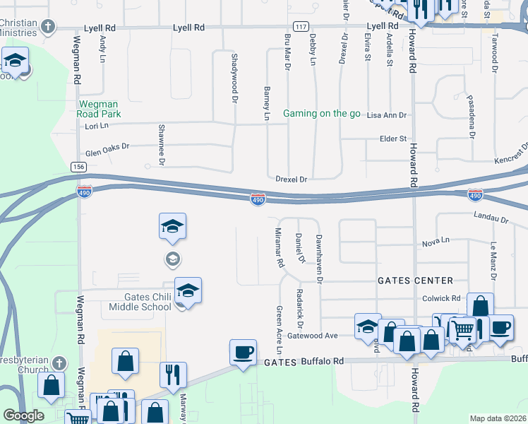 map of restaurants, bars, coffee shops, grocery stores, and more near 16 Kaye Park Terrace in Rochester