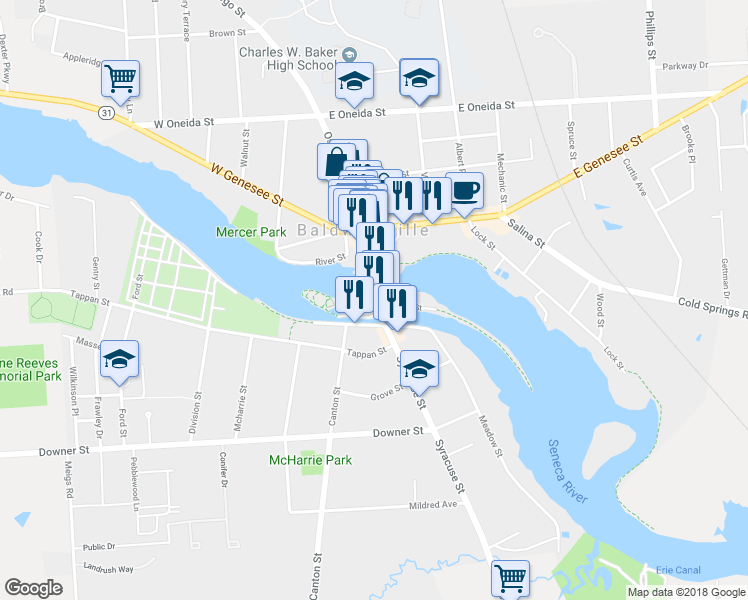 map of restaurants, bars, coffee shops, grocery stores, and more near 0 Syracuse Street in Baldwinsville