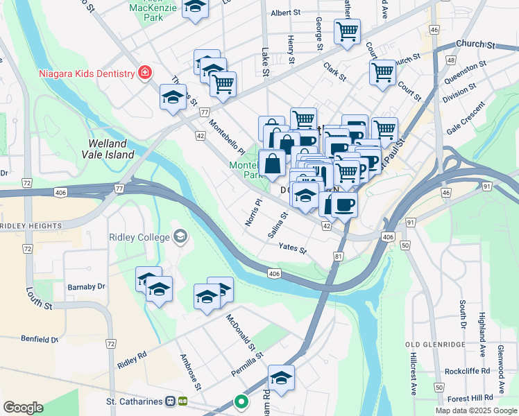 map of restaurants, bars, coffee shops, grocery stores, and more near 7 Norris Place in St. Catharines