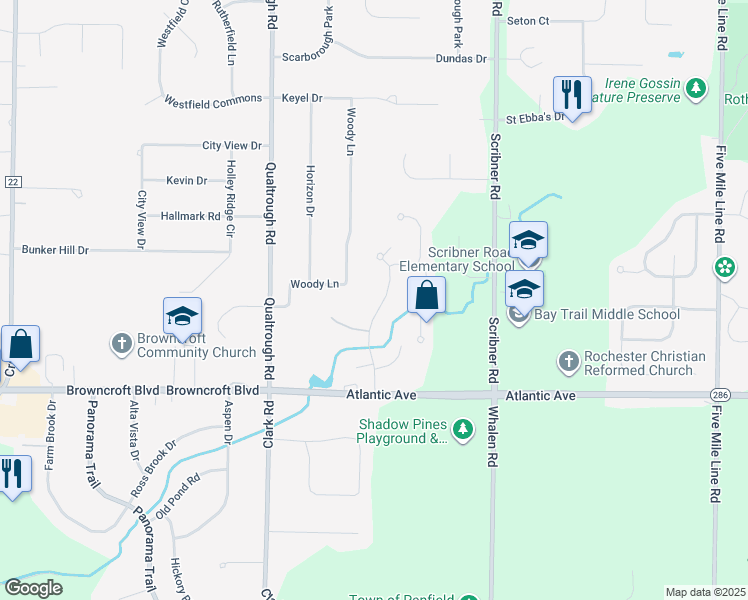 map of restaurants, bars, coffee shops, grocery stores, and more near 65 Tree Brook Drive in Rochester