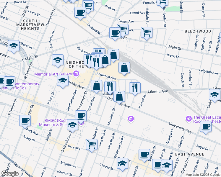 map of restaurants, bars, coffee shops, grocery stores, and more near 21 Delaware St in Rochester
