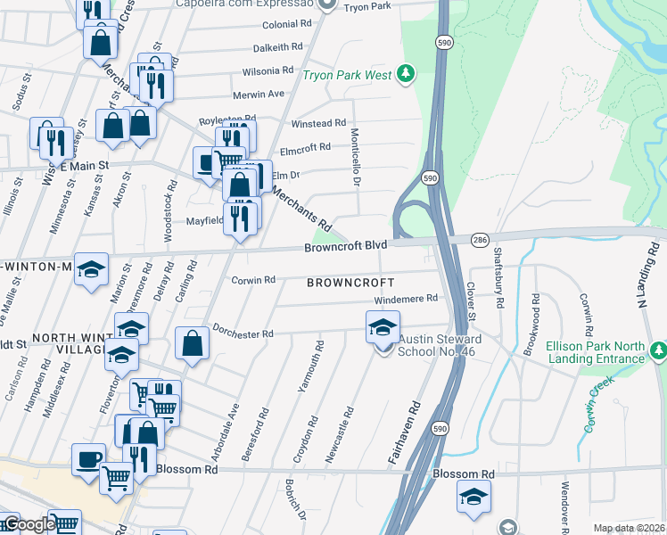 map of restaurants, bars, coffee shops, grocery stores, and more near 184 Corwin Road in Rochester