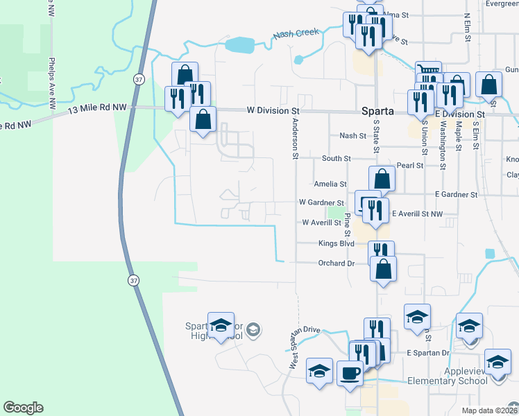 map of restaurants, bars, coffee shops, grocery stores, and more near 200 Blossom Drive in Sparta
