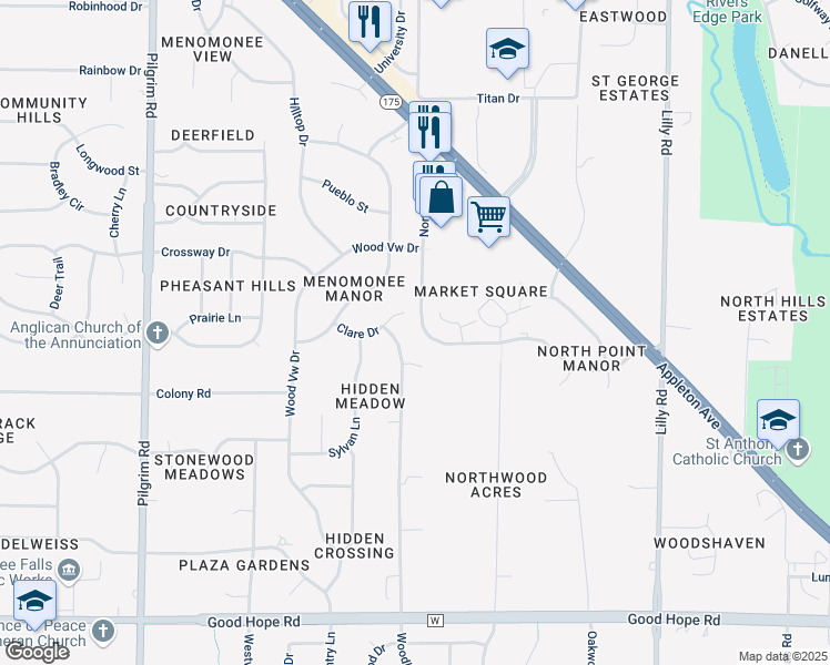 map of restaurants, bars, coffee shops, grocery stores, and more near W147N7647 Northpoint Drive in Menomonee Falls
