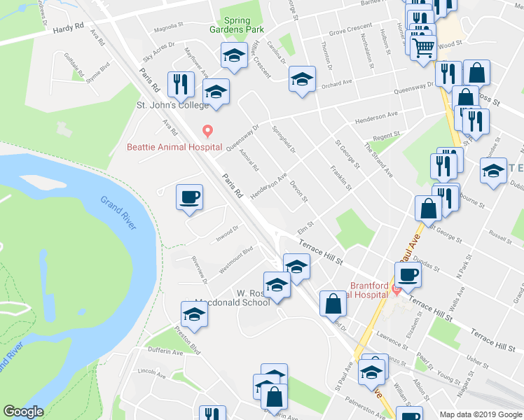 map of restaurants, bars, coffee shops, grocery stores, and more near 16 Brant Avenue in Brantford