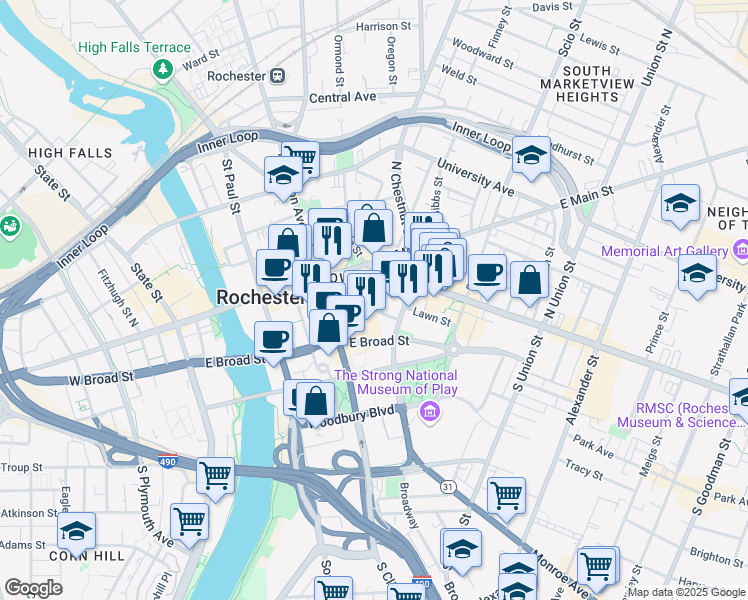 map of restaurants, bars, coffee shops, grocery stores, and more near 15 Euclid Street in Rochester