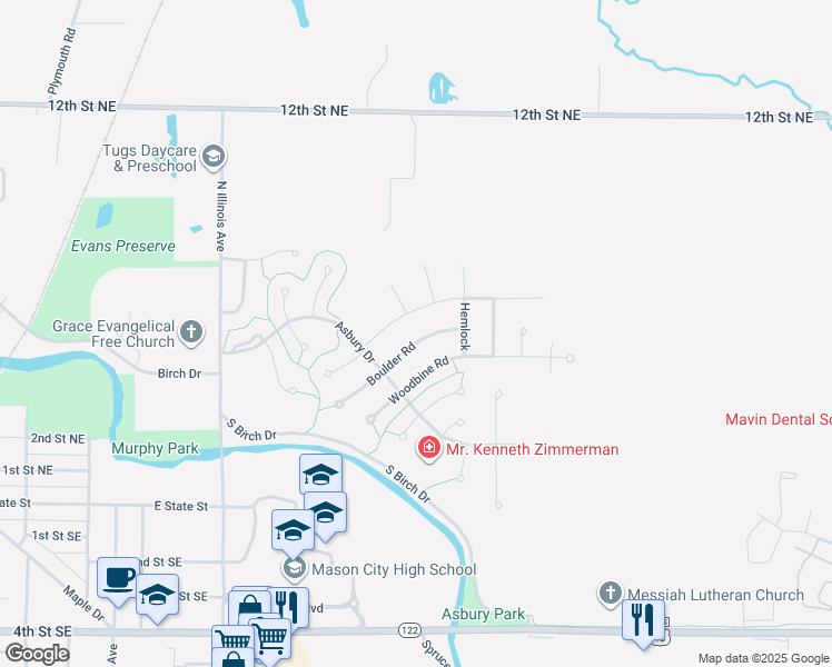 map of restaurants, bars, coffee shops, grocery stores, and more near 220 Boulder Road in Mason City