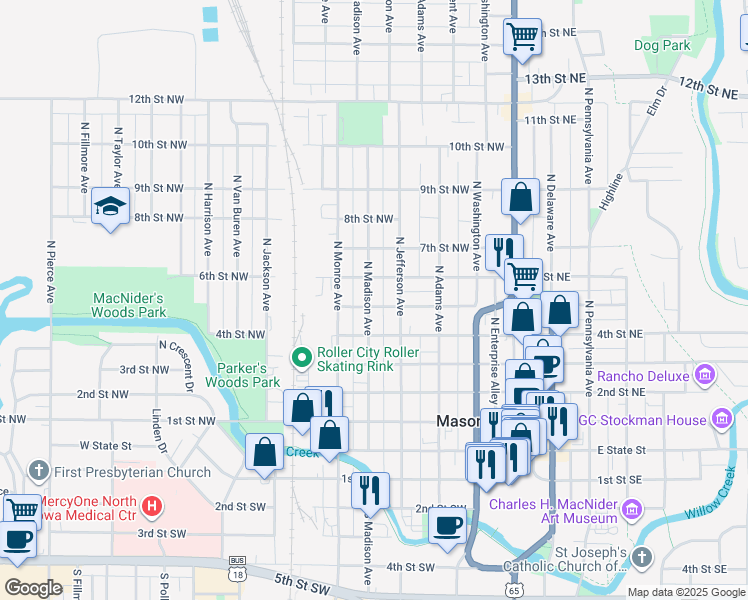 map of restaurants, bars, coffee shops, grocery stores, and more near 322 5th Street Northwest in Mason City