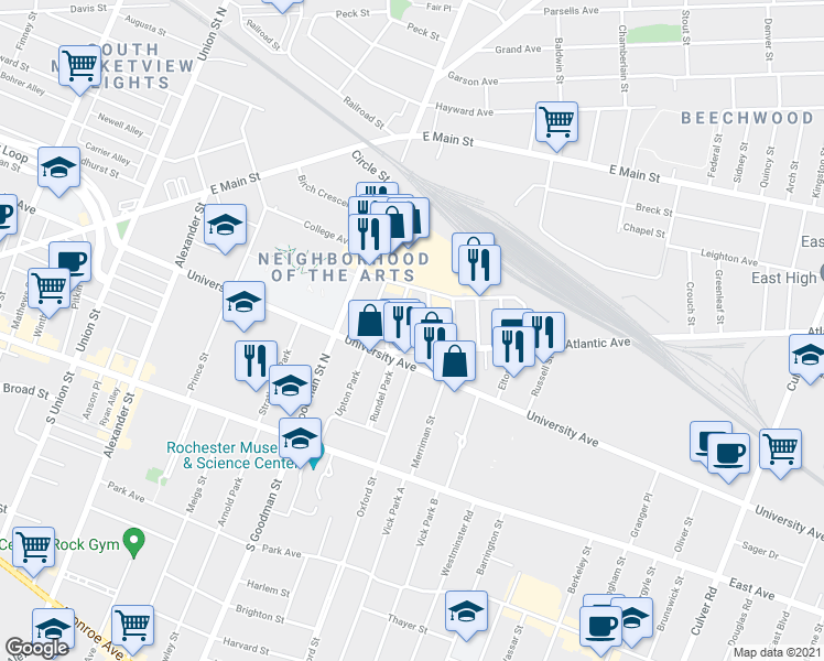 map of restaurants, bars, coffee shops, grocery stores, and more near 21 Delaware Street in Rochester