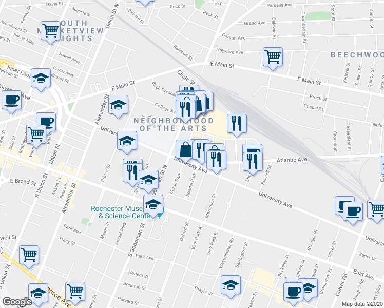 map of restaurants, bars, coffee shops, grocery stores, and more near 25 Beacon Street in Rochester