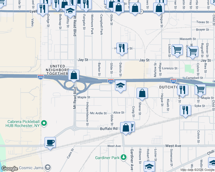 map of restaurants, bars, coffee shops, grocery stores, and more near 31 Chemung Street in Rochester