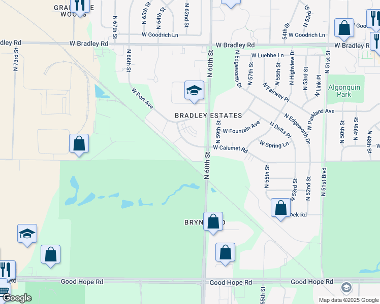 map of restaurants, bars, coffee shops, grocery stores, and more near 6007 West Calumet Road in Milwaukee