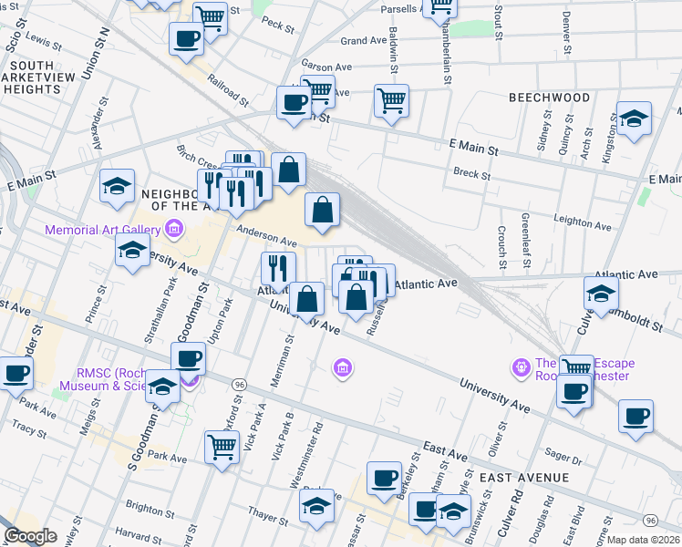 map of restaurants, bars, coffee shops, grocery stores, and more near 1 Norwood Street in Rochester