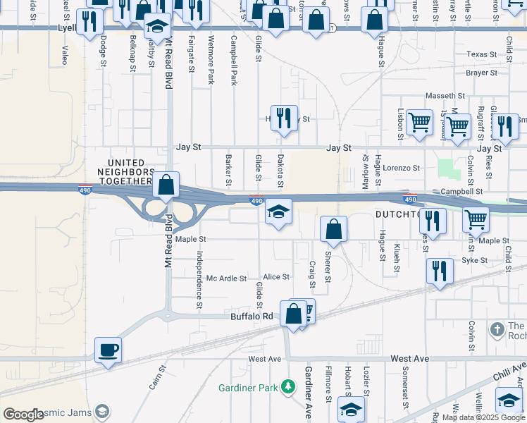 map of restaurants, bars, coffee shops, grocery stores, and more near 256 Glide Street in Rochester