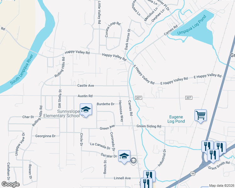 map of restaurants, bars, coffee shops, grocery stores, and more near 1962 Austin Road in Roseburg