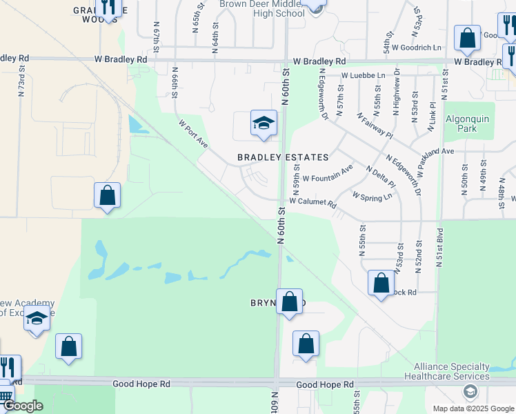 map of restaurants, bars, coffee shops, grocery stores, and more near 6007 West Calumet Road in Milwaukee