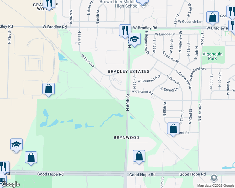map of restaurants, bars, coffee shops, grocery stores, and more near 6007 West Calumet Road in Milwaukee