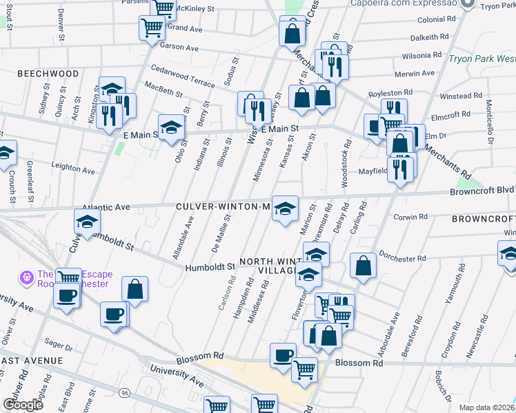 map of restaurants, bars, coffee shops, grocery stores, and more near 965 Atlantic Avenue in Rochester