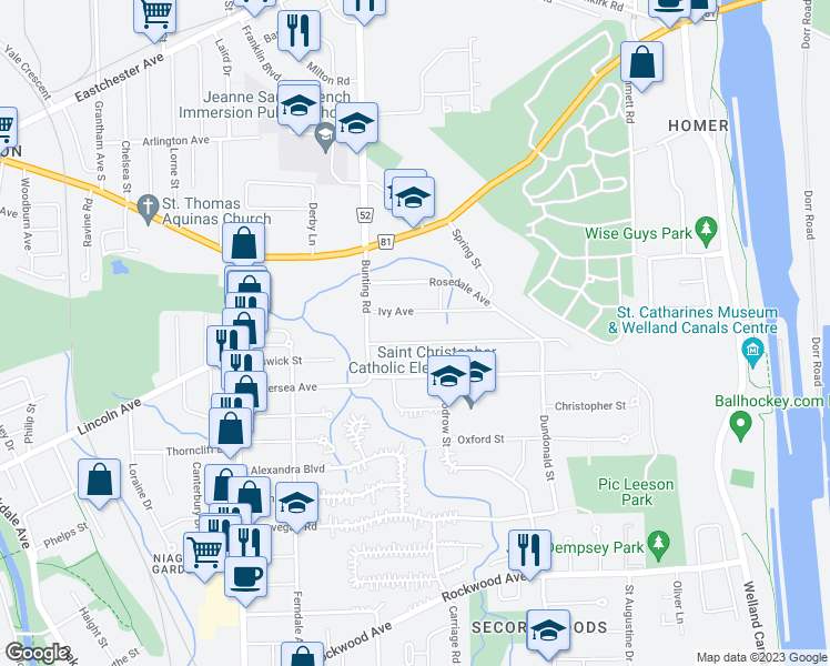 map of restaurants, bars, coffee shops, grocery stores, and more near 23 Greenwood Avenue in Saint Catharines