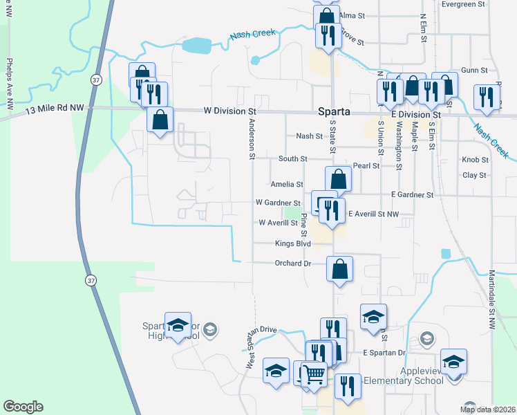 map of restaurants, bars, coffee shops, grocery stores, and more near 160 West Gardner Street in Sparta