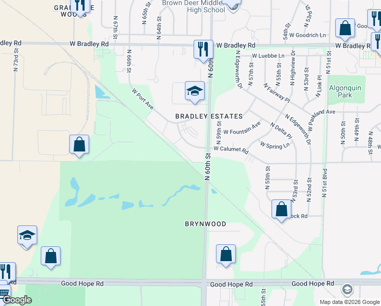 map of restaurants, bars, coffee shops, grocery stores, and more near 6007 West Calumet Road in Milwaukee