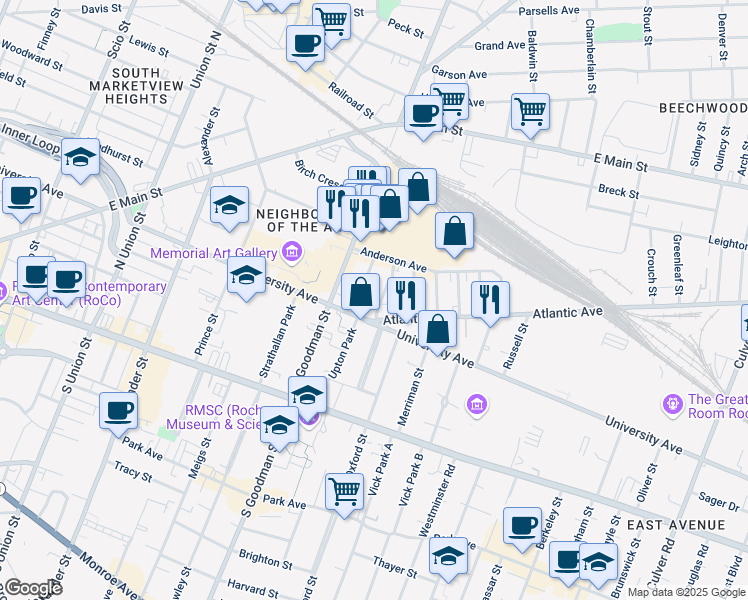 map of restaurants, bars, coffee shops, grocery stores, and more near 25 Beacon Street in Rochester