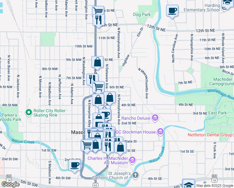 map of restaurants, bars, coffee shops, grocery stores, and more near 130 5th Street Northeast in Mason City