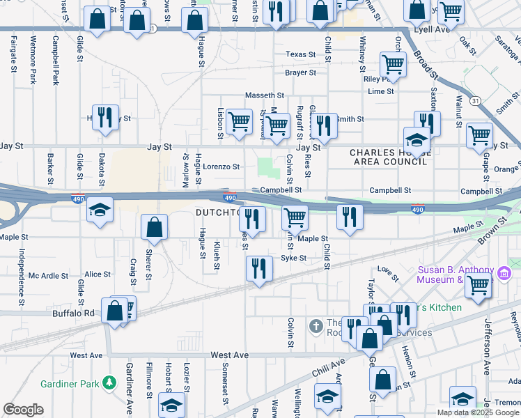 map of restaurants, bars, coffee shops, grocery stores, and more near 58 Cedar Street in Rochester
