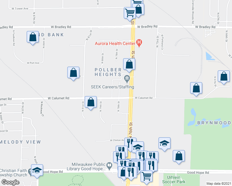 map of restaurants, bars, coffee shops, grocery stores, and more near 7621 North 78th Street in Milwaukee